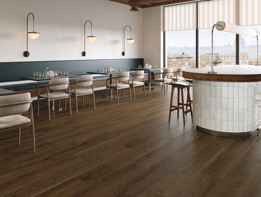 Modern decorated restaurant dinning area with the Evolux Apres Espresso flooring
