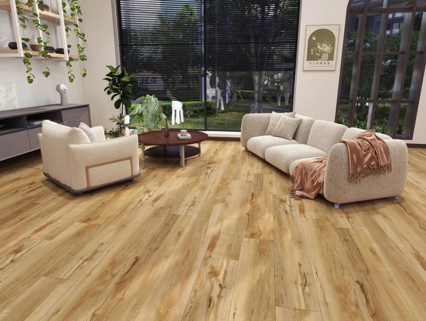 Nicely decorated living room with the HPM Hawaii Collection Swirled Hickory flooring