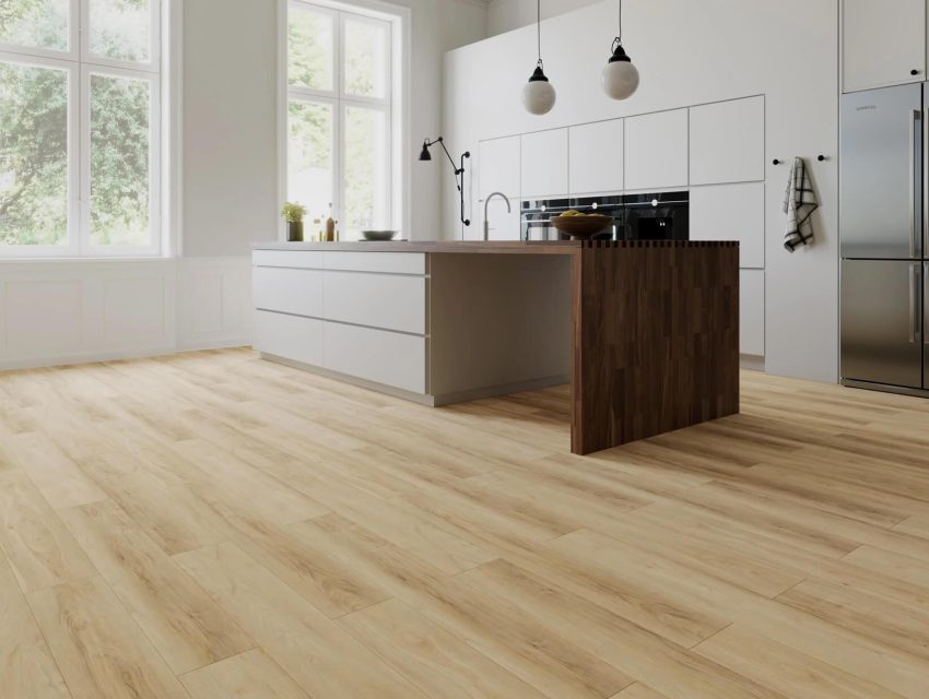 Modern decorated kitchen with the Evolux Iris Almond flooring