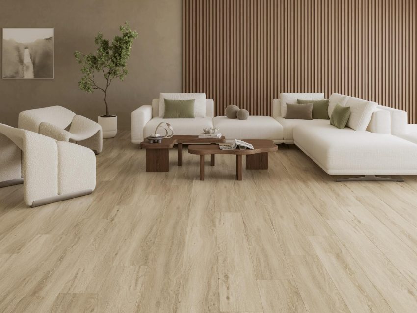 Nicely decorated living room with the Iris Sand Bar flooring