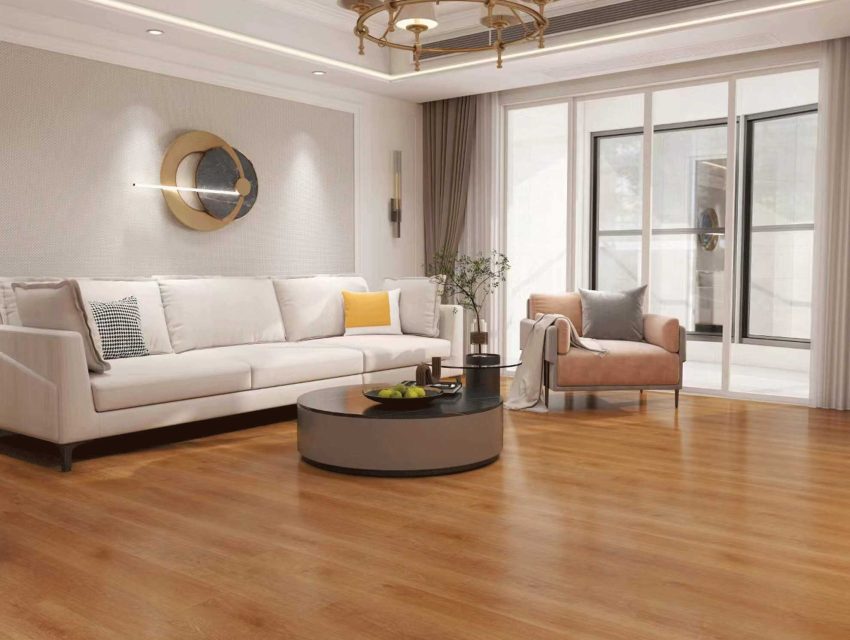 Nicely modern decorated living room with the EVOLUX® Whisper Woods Lite Loire Valley flooring