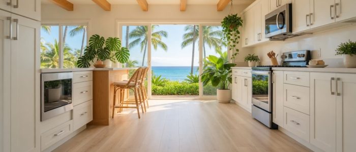 modern designed kitched with a view of a tropical beach outside the window