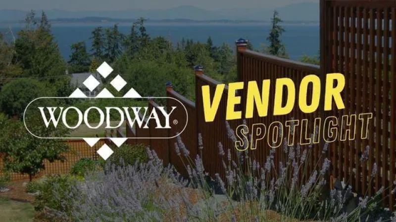 Woodway Vendor Spotlight logos overlaying a beautiful Woodway lattice fence and scenic background