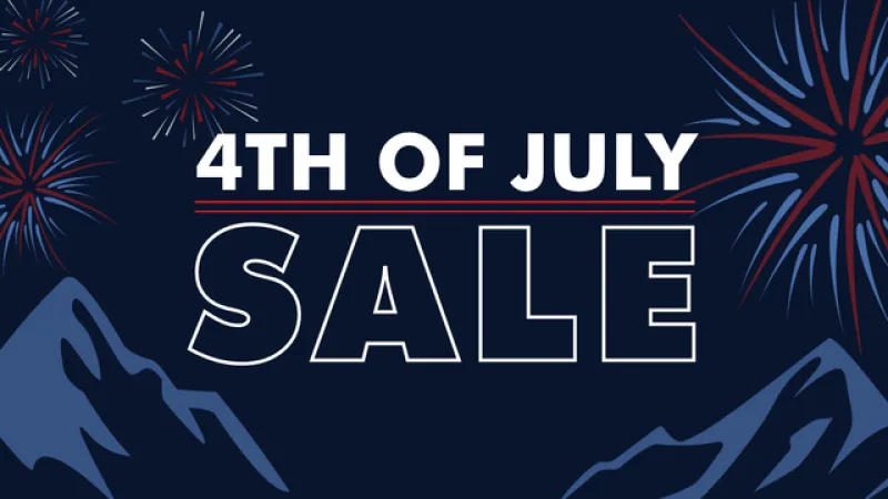 HPMs 4th of July Sale banner with dark blue black background with firework explosions